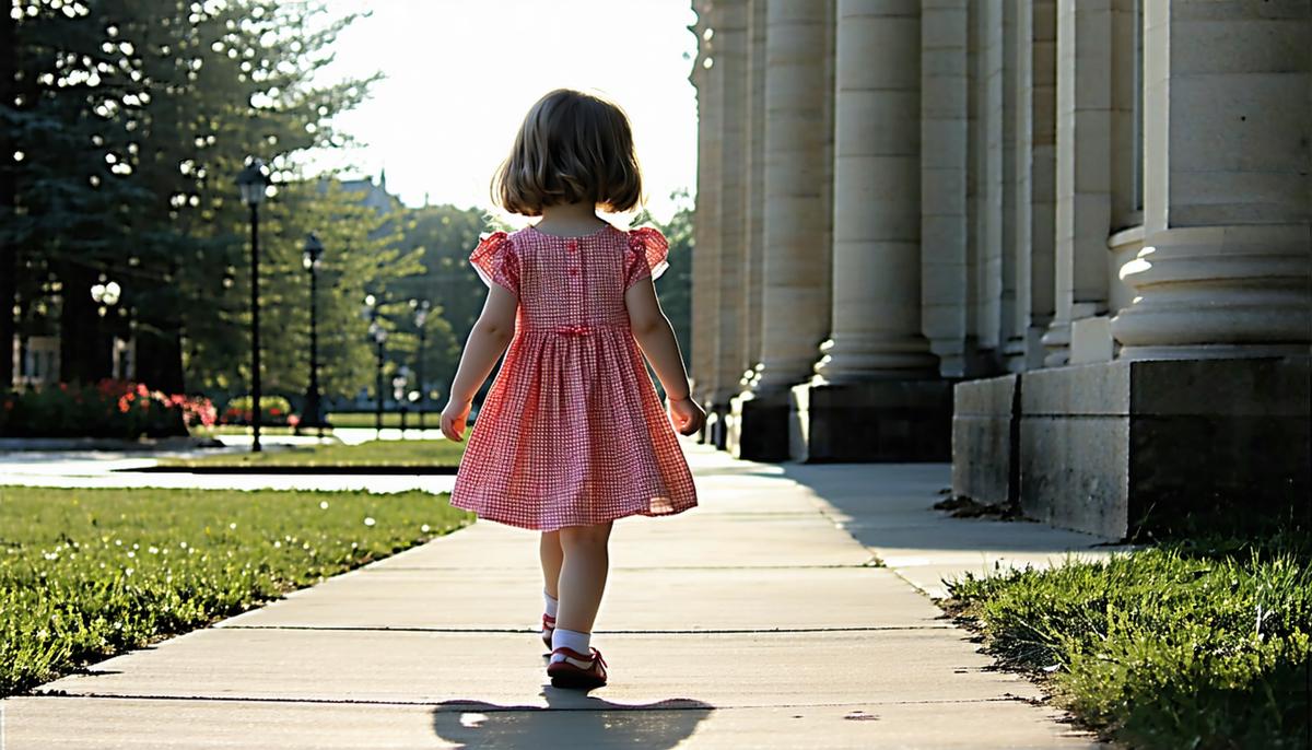A young Caucasian girl named Betty walking on a 1950s sidewalk towards a library building