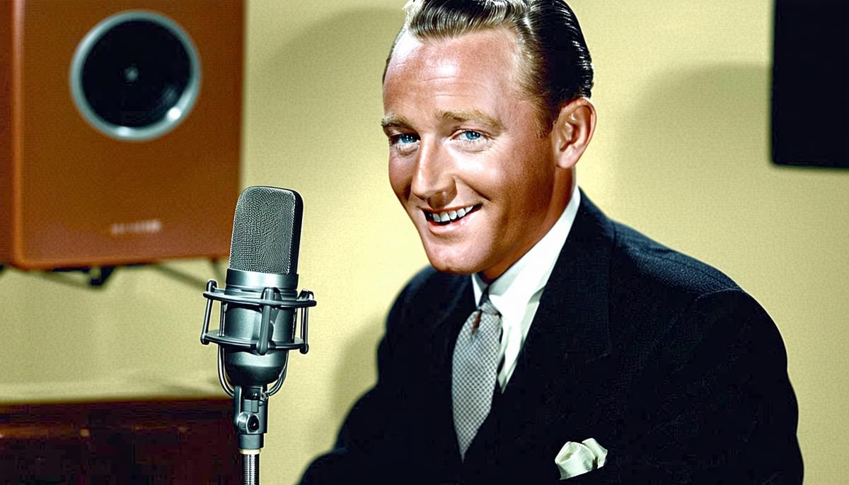Bing Crosby performing in a 1950s radio studio, wearing a suit and speaking into a vintage microphone