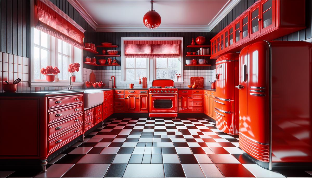 A striking 1950s kitchen with a black and white checkerboard floor and bold red accents