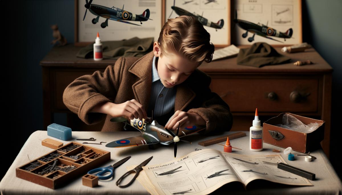 A boy carefully assembling a Spitfire model airplane at his desk