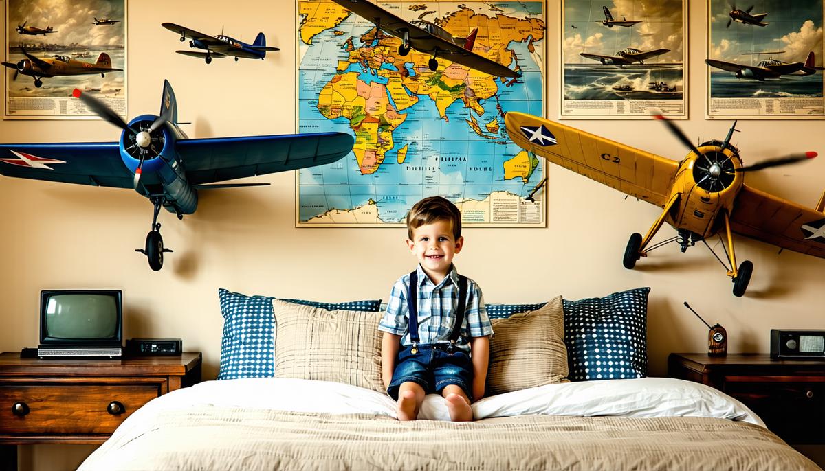 A young boy named Johnny in his 1950s bedroom surrounded by model airplanes and aviation posters