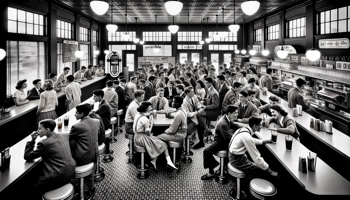 A bustling 1950s soda fountain interior with teenagers gathered after school, featuring a prominent jukebox and black-and-white tiled floor