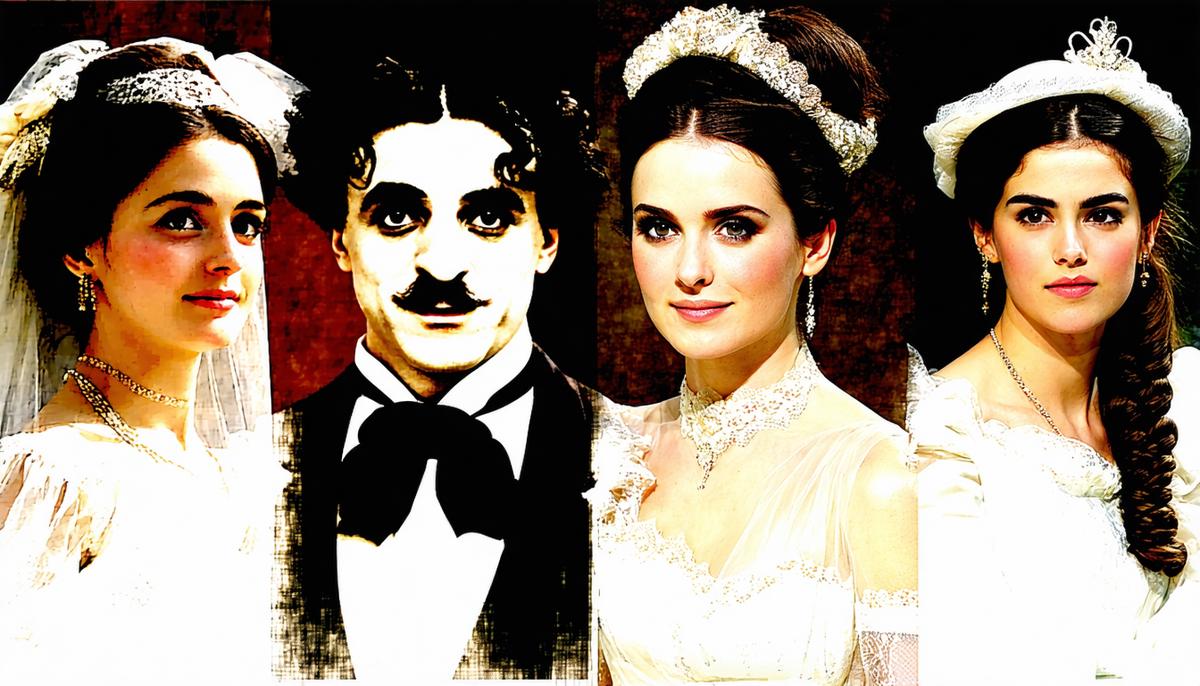 A series of portrait images showing Charlie Chaplin aging through his four marriages, with his young brides beside him