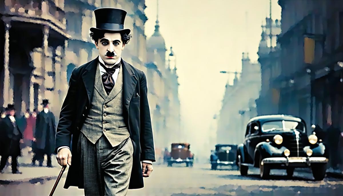 Charlie Chaplin in his iconic Tramp costume, walking with his cane and bowler hat against a 1950s cityscape