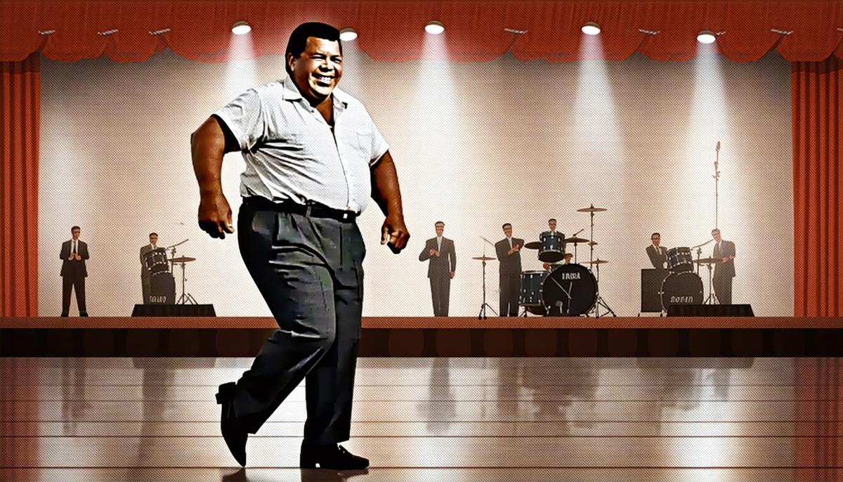 Chubby Checker demonstrating the Twist dance move on a 1950s stage