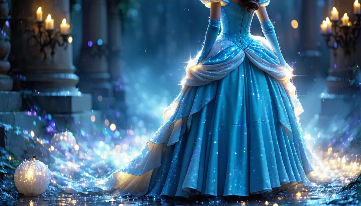 A magical scene of Cinderella's transformation, with her ragged dress turning into a beautiful ballgown surrounded by sparkles