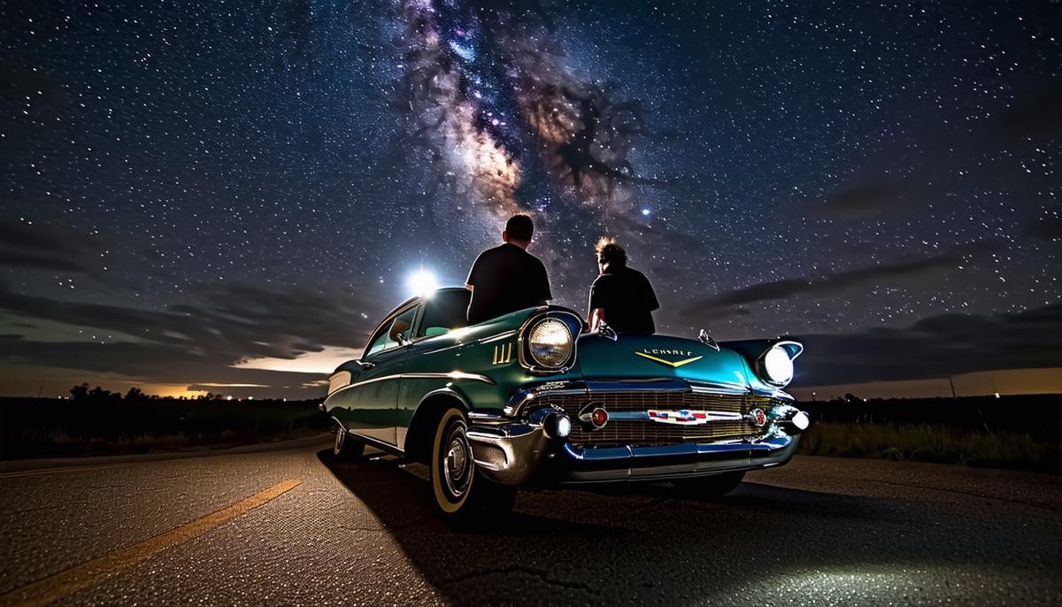 A 1957 Chevy Bel Air parked under a starry night sky, with two people leaning on the hood looking up at the stars