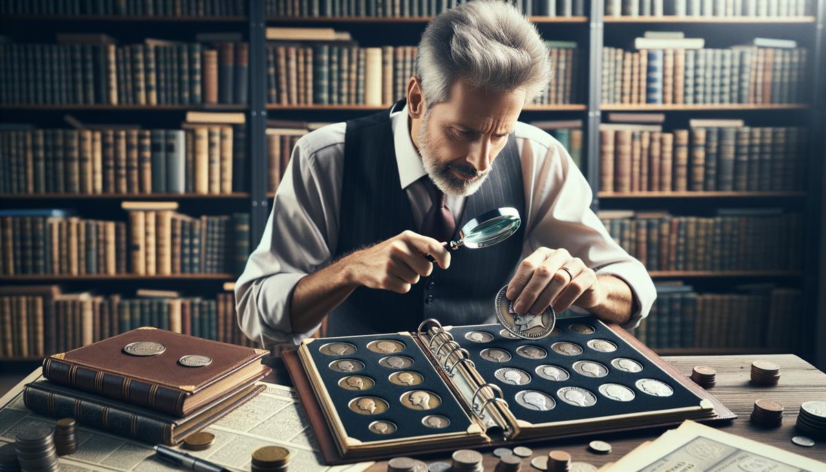 An enthusiastic coin collector examining a collection of Eisenhower coins in an album