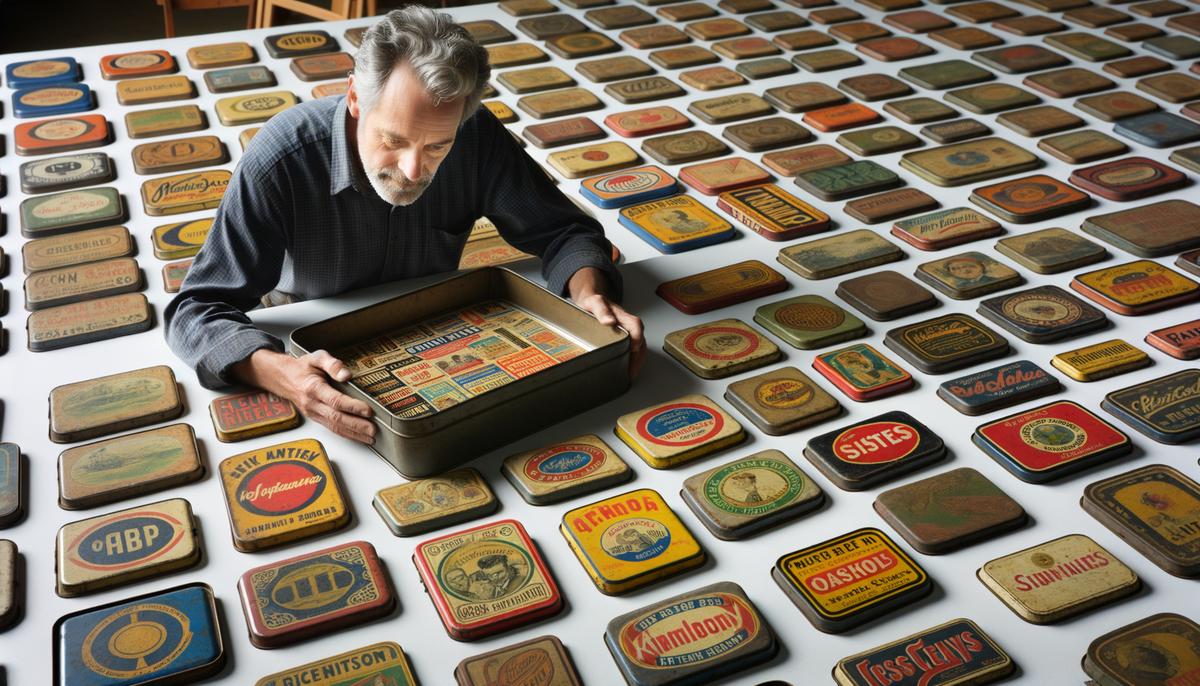 A collector carefully organizing and examining their vintage tin tray collection