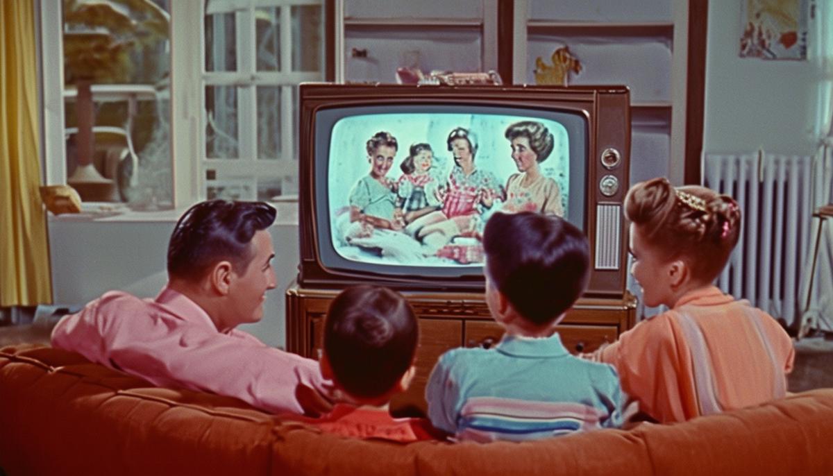 A 1950s family watching a colorful TV commercial for household products
