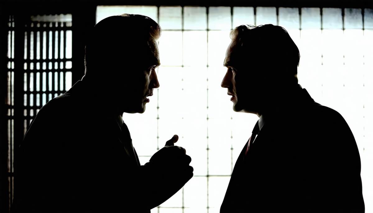 A shadowy image of two men in 1950s attire having a tense conversation