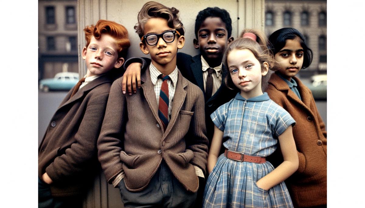 Four diverse children from the 1950s posing together, representing the Maple Street gang