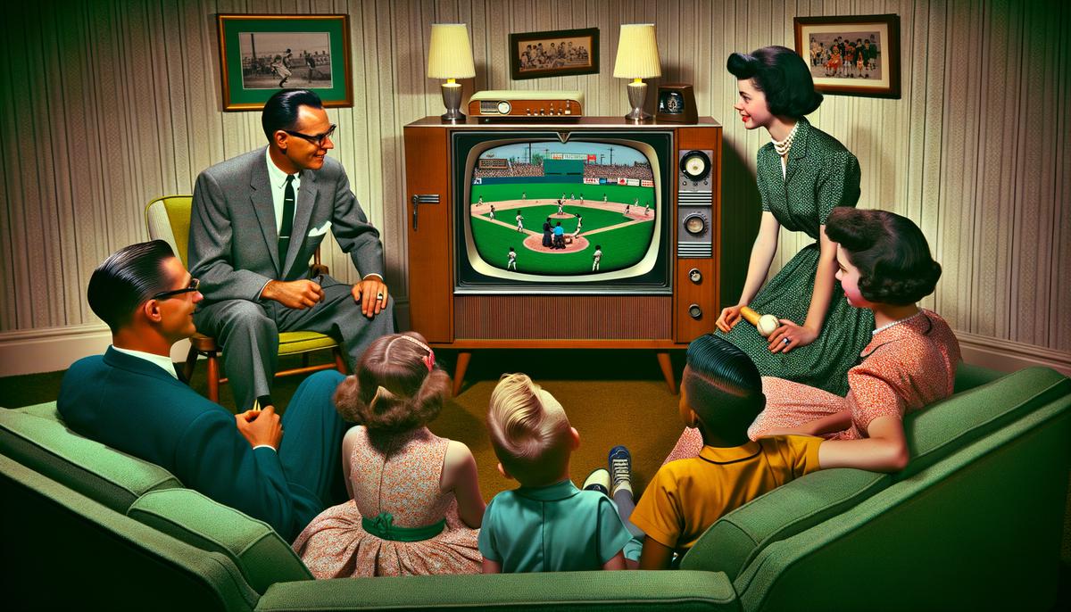A 1950s family watching a color broadcast of a baseball game on their new TV