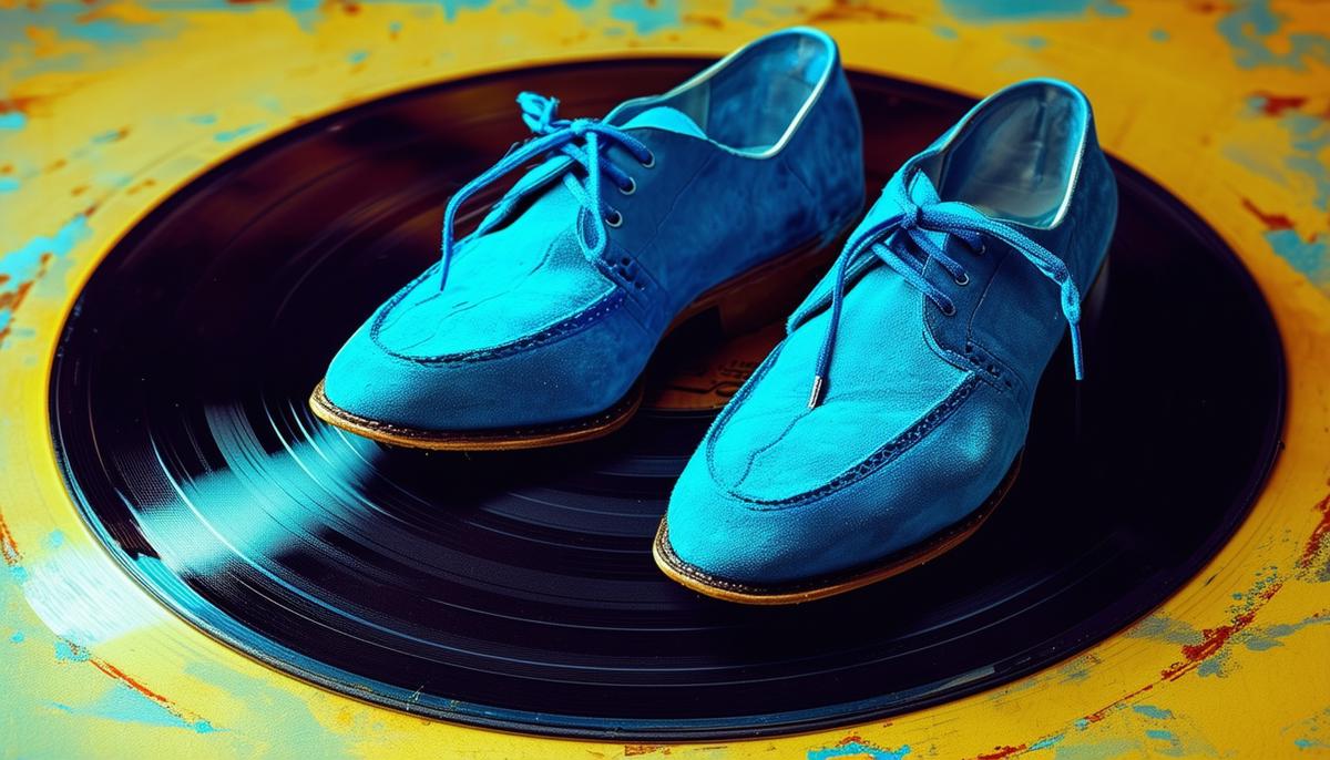 Elvis Presley's blue suede shoes placed on top of a 1950s vinyl record