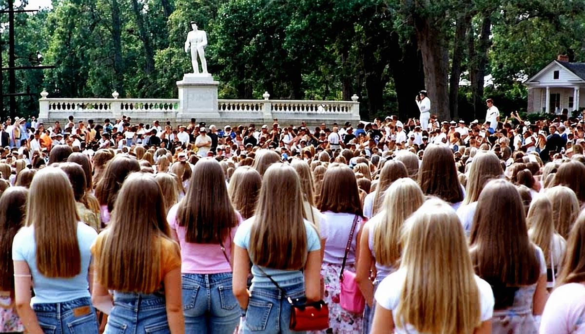 A crowd of young Elvis fans, mostly teenage girls, gathered outside Graceland after hearing news of his draft notice