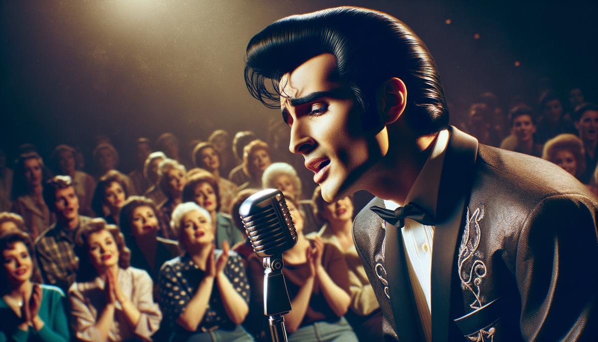 Elvis Presley performing 'Love Me Tender' on stage in the 1950s