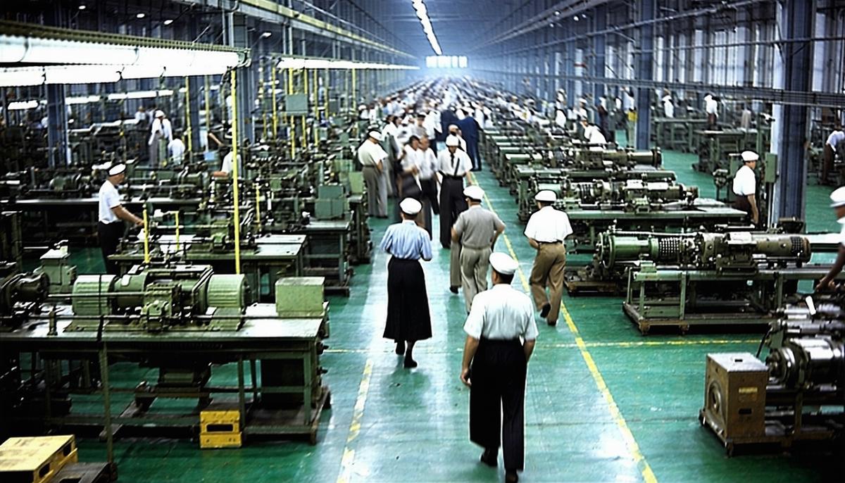 A bustling European factory floor showing signs of economic recovery in the 1950s