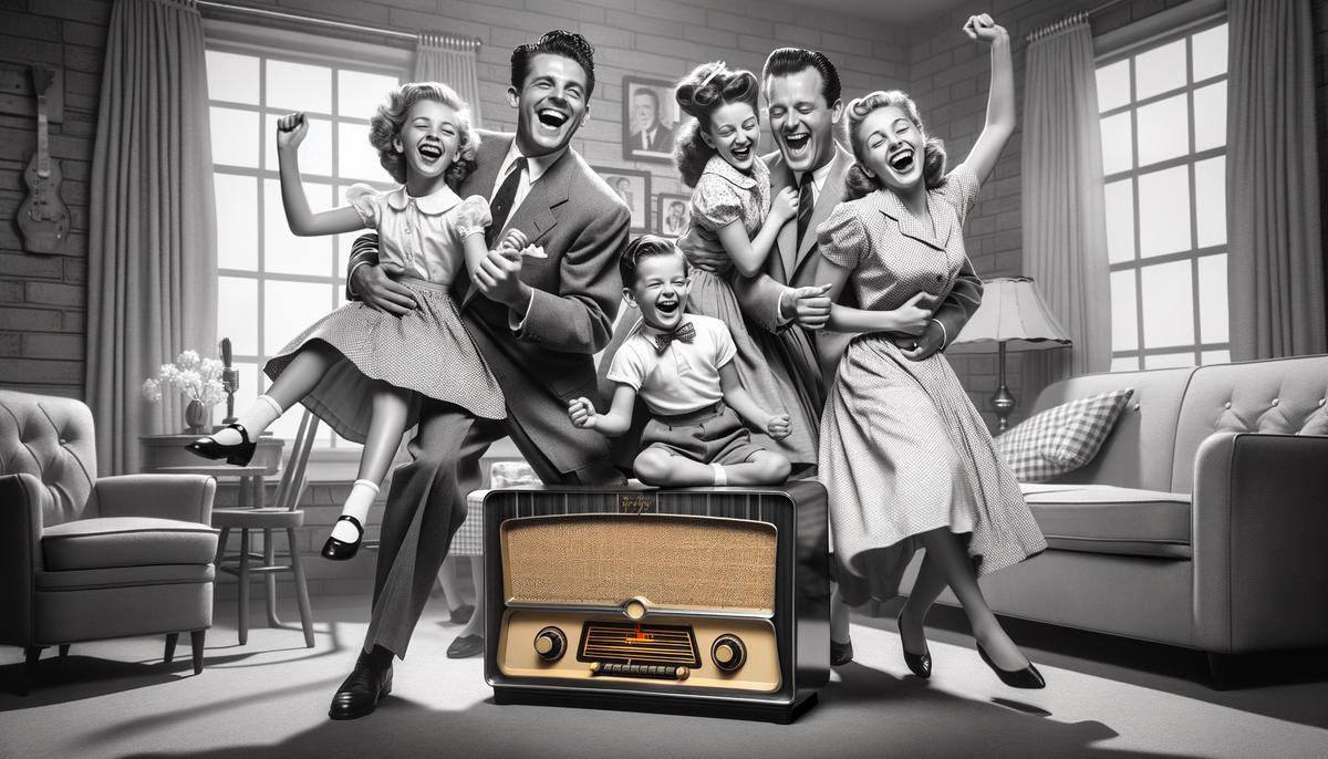 A family of four dancing together in their living room to Elvis Presley's music playing on the radio