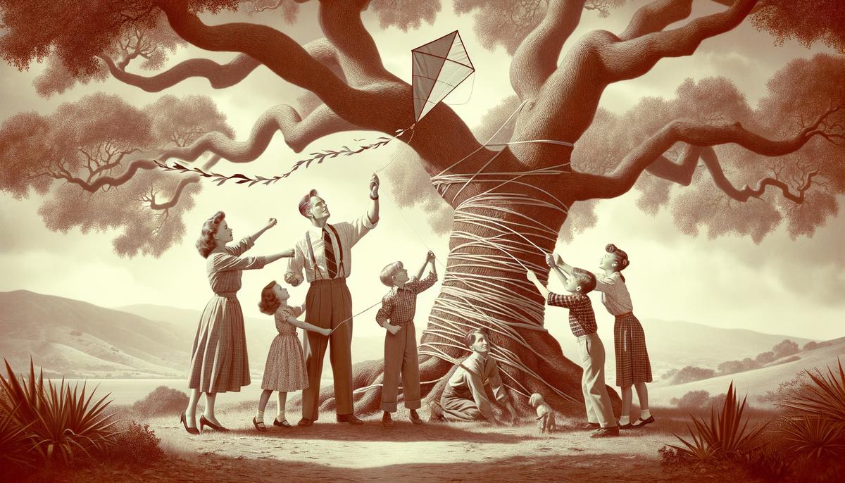 A family working together to rescue a kite tangled in a tree