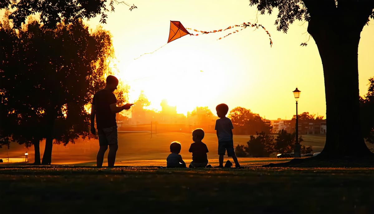 Silhouette of a family at sunset in a park with a kite visible