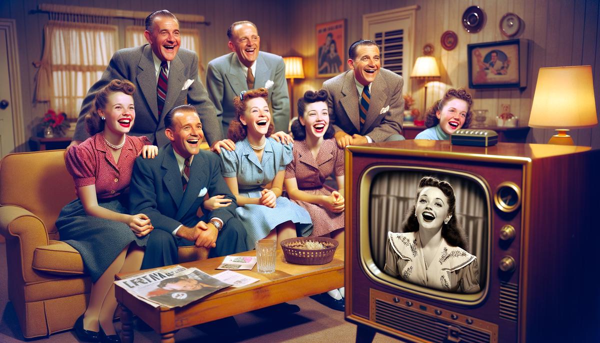 A 1950s family gathered around their television, watching I Love Lucy with joy
