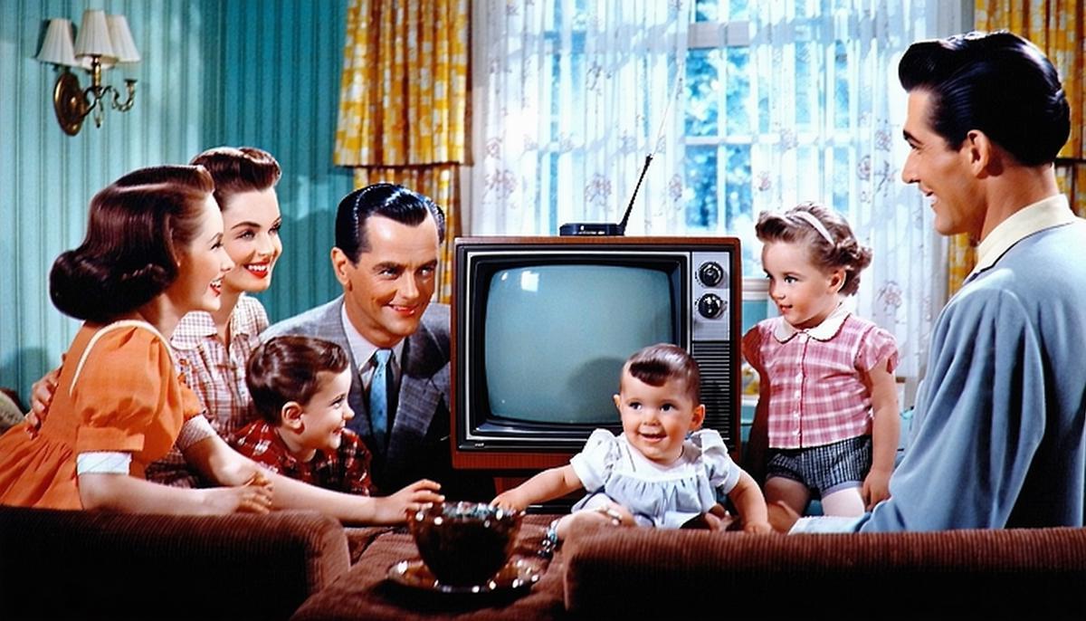 A 1950s family gathered around their Zenith TV, watching a popular show together