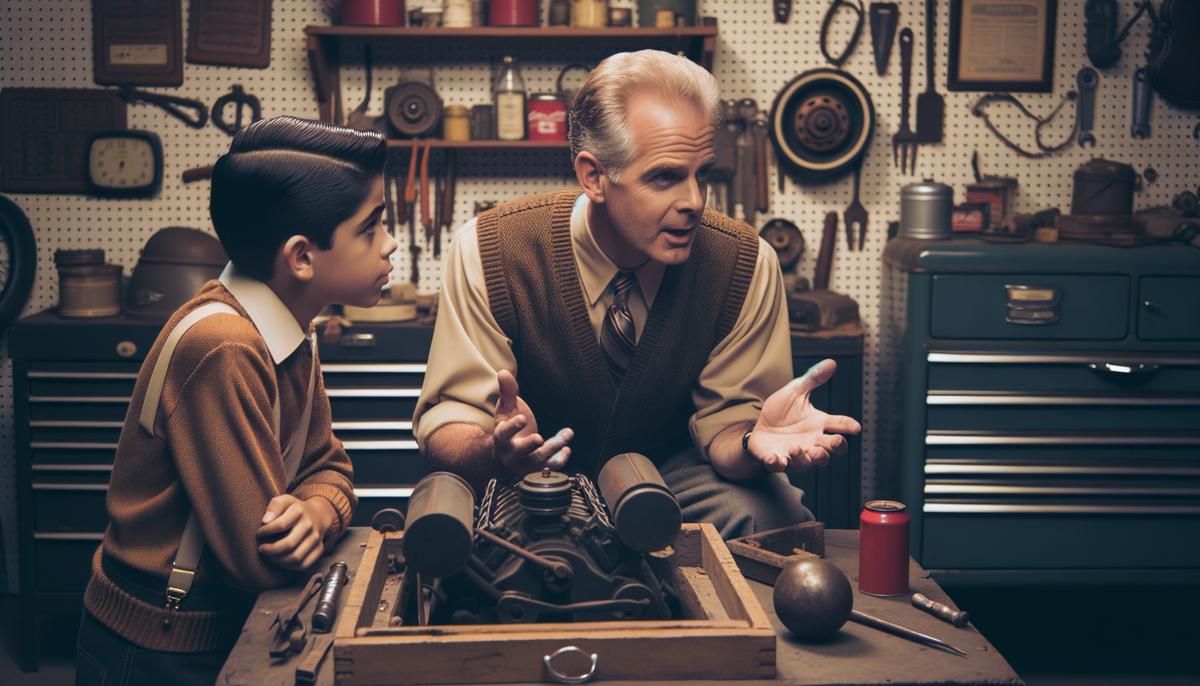 A father and son standing in a 1950s garage surrounded by tools, with the father gesturing as if explaining something important