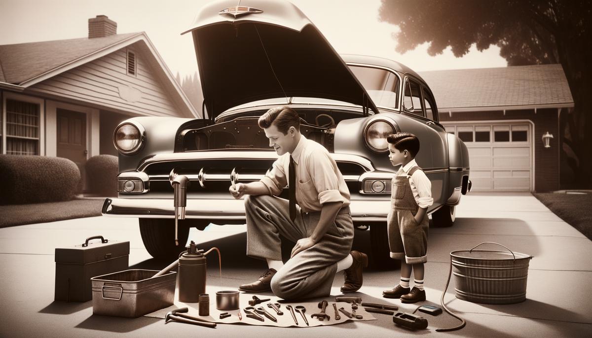 A father teaching his son how to change oil in their 1952 Chevrolet Bel Air, with tools scattered around them in a 1950s suburban driveway