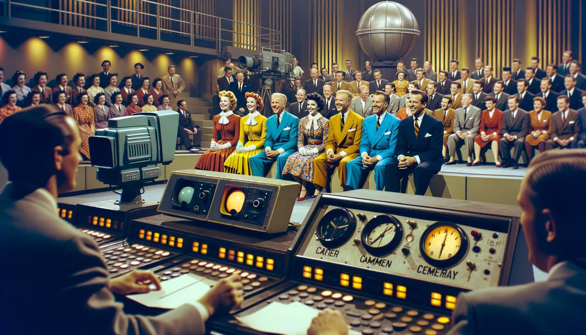 A 1950s TV studio during the first color broadcast, with performers, cameramen, and technicians