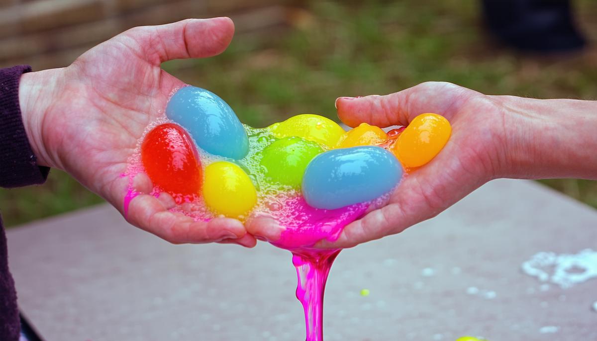 A handful of colorful Flubber from the 1960s being stretched between two hands
