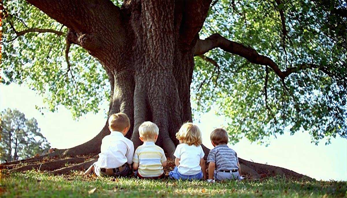 Four white children sitting under a large oak tree in a 1950s park