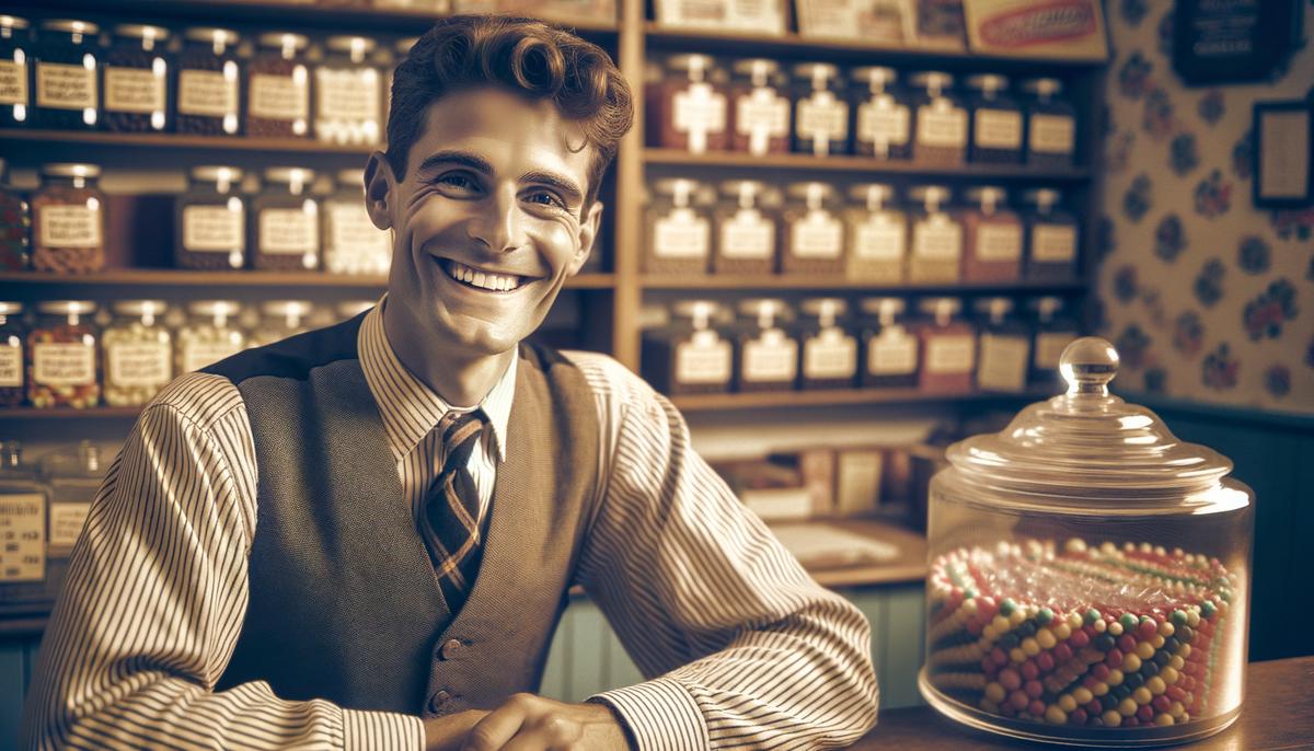 Friendly 1950s shopkeeper Mr. Jenkins smiling behind the counter of his corner store
