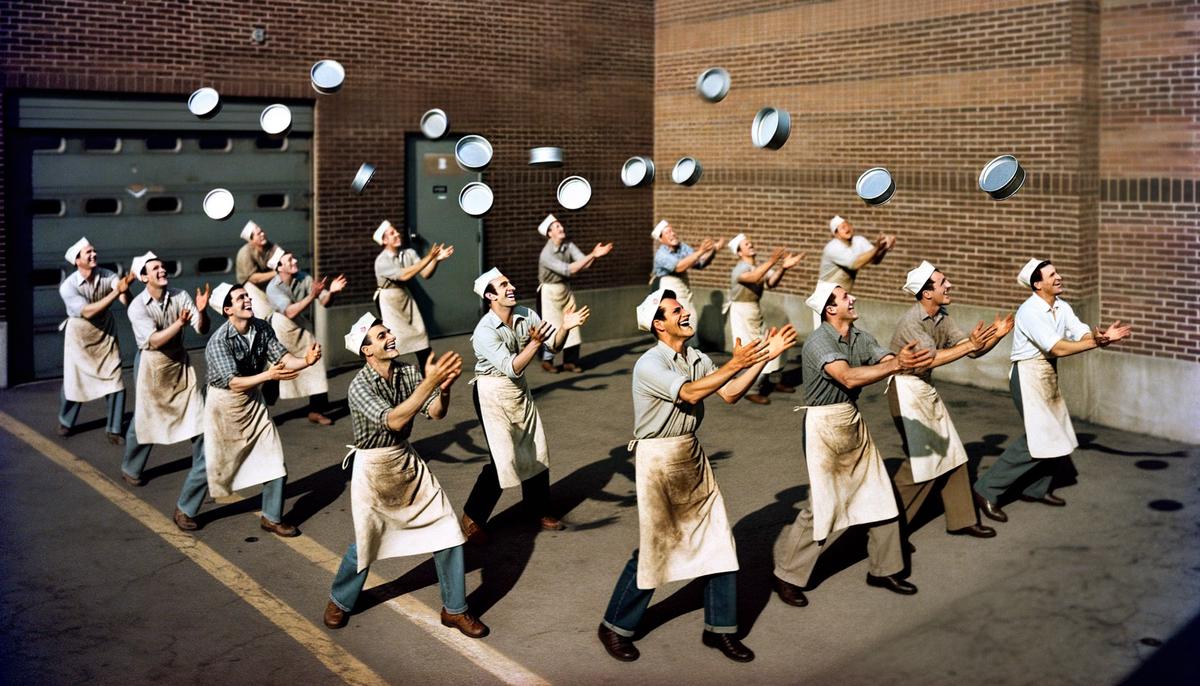 1950s Frisbie Pie Company workers tossing pie tins during their break