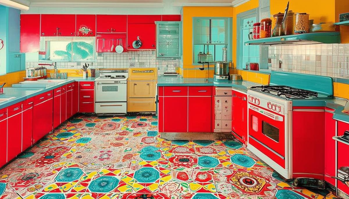A colorful 1950s kitchen featuring a vibrant linoleum floor with a kaleidoscope of patterns and colors