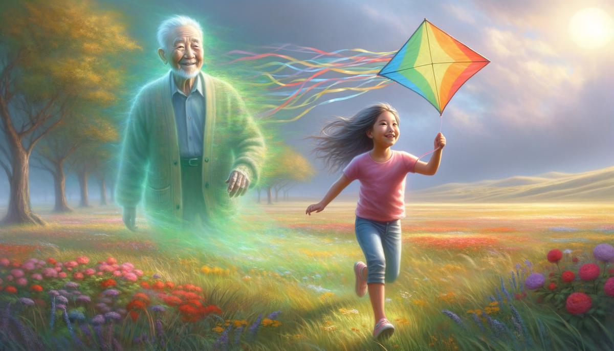 A young girl flying a kite in a meadow, with a faint image of her grandfather in the background