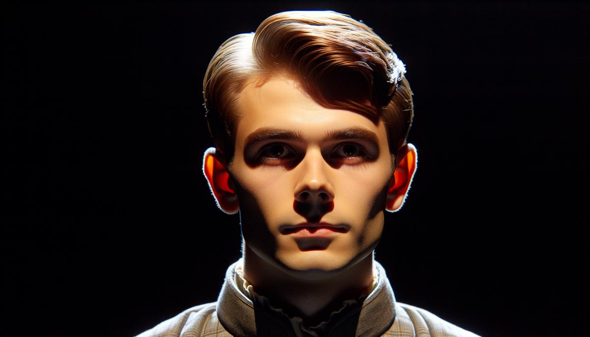 Young James Dean in costume for Macbeth at UCLA, looking intense and focused