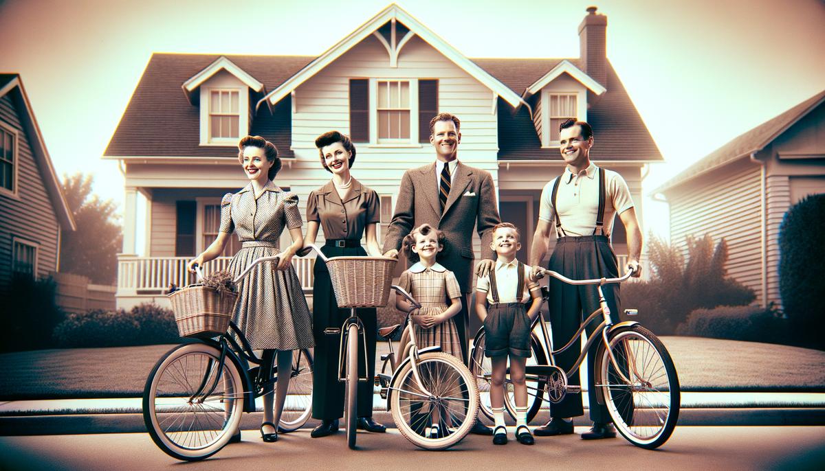 A 1950s family posing with their J.C. Higgins bicycles in front of a typical American suburban home, capturing the cultural impact of these bikes