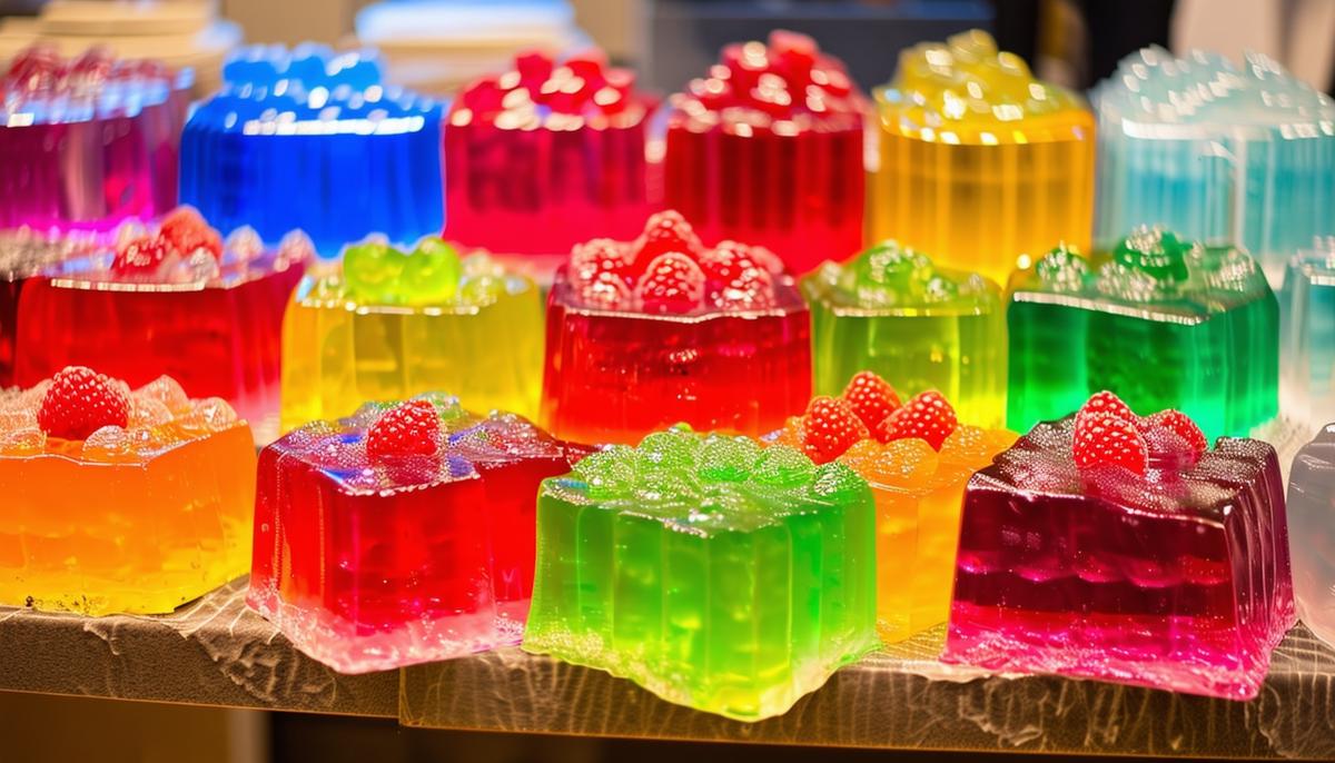 A colorful display of various Jell-O creations showcasing its versatility and history