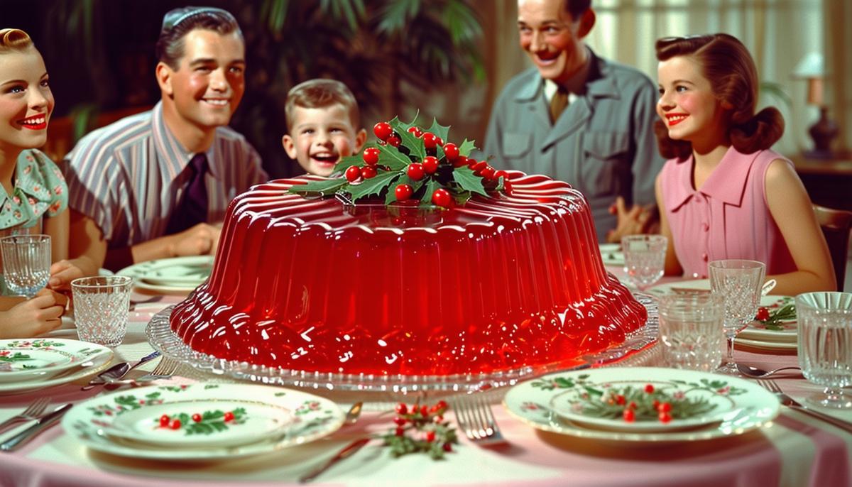 A festive Jell-O mold centerpiece on a 1950s dinner table surrounded by smiling family members