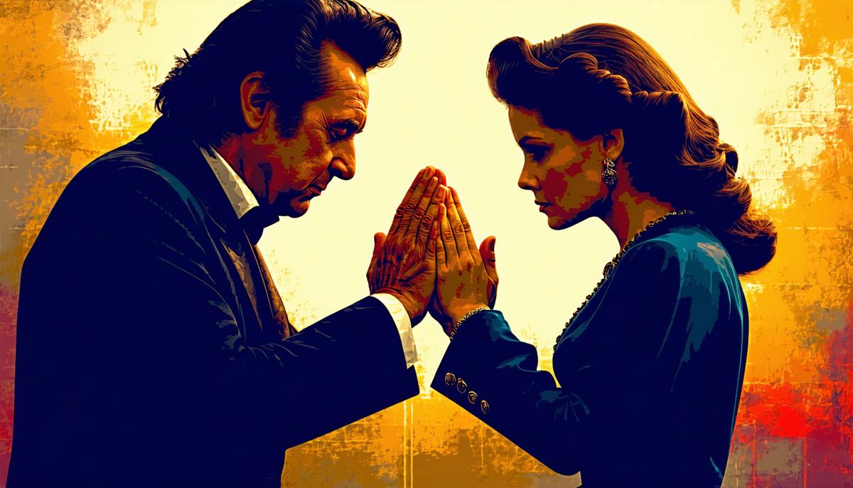 Johnny Cash and June Carter praying together, symbolizing their shared faith and journey towards redemption