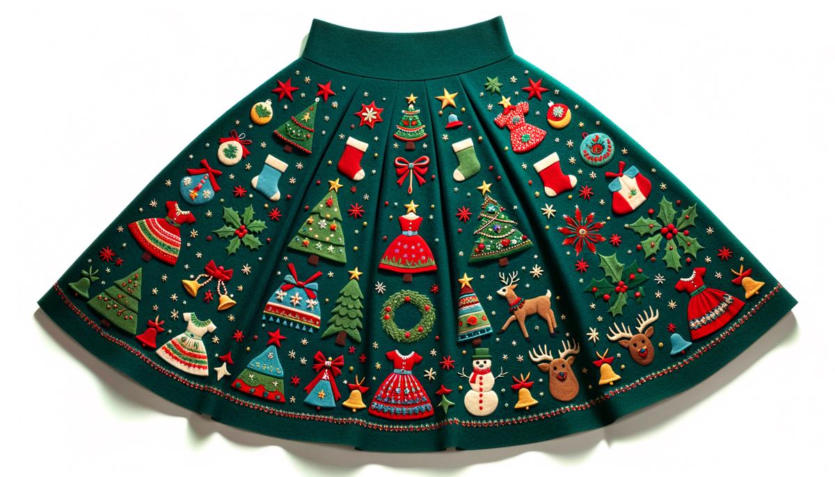 A recreation of Juli Lynne Charlot's original 1947 felt circle skirt with festive Christmas applique