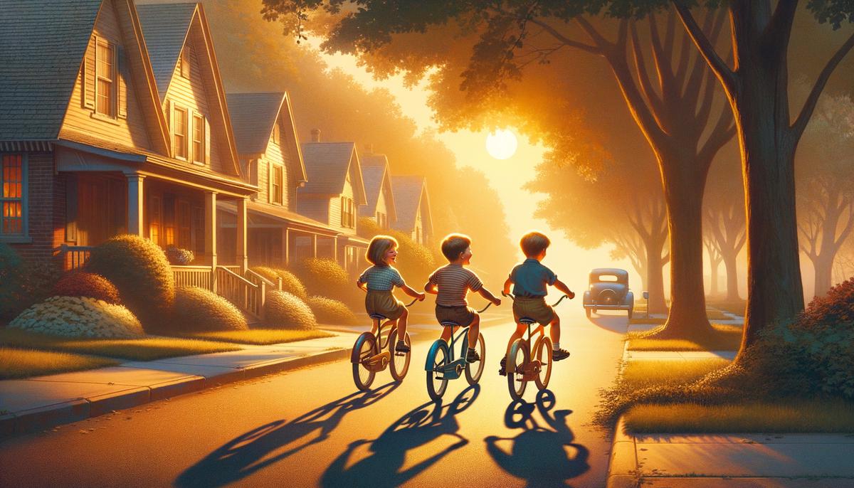 Three children riding bicycles into a golden sunset on a 1950s street