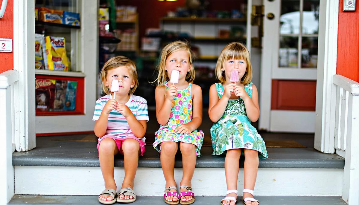 Three children enjoying popsicles on the steps of a 1950s corner store