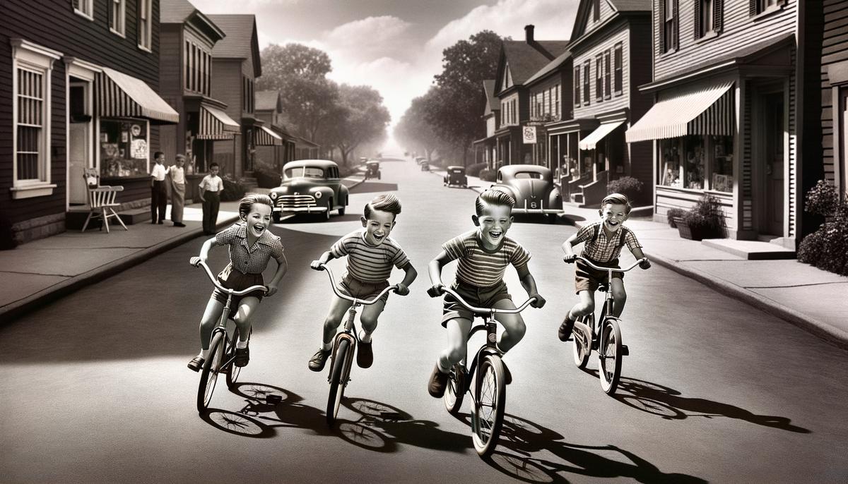Three children racing bicycles down a 1950s street towards a corner store