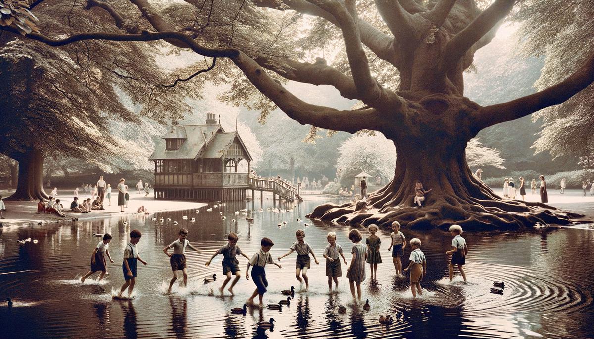 1950s children skipping stones at a duck pond in a park