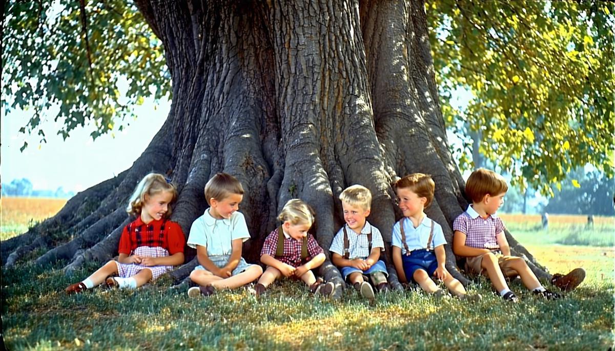 A group of children sitting under a large elm tree on a hot summer day in the 1950s