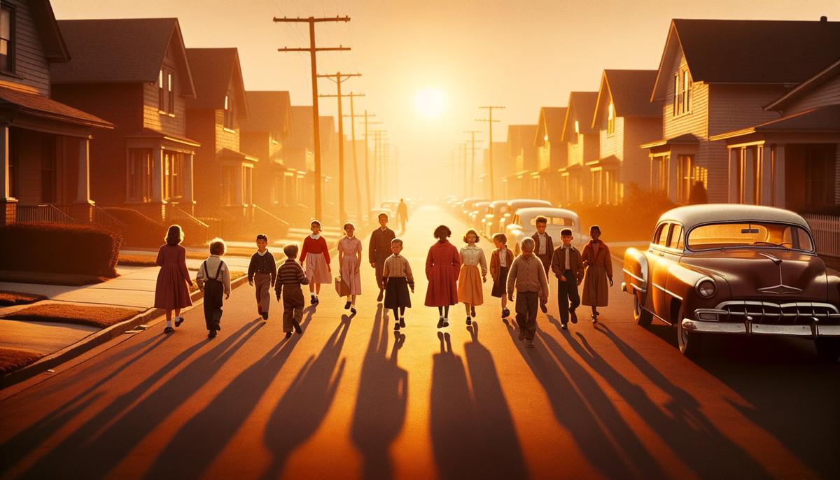 Group of children walking home at sunset on a 1950s suburban street