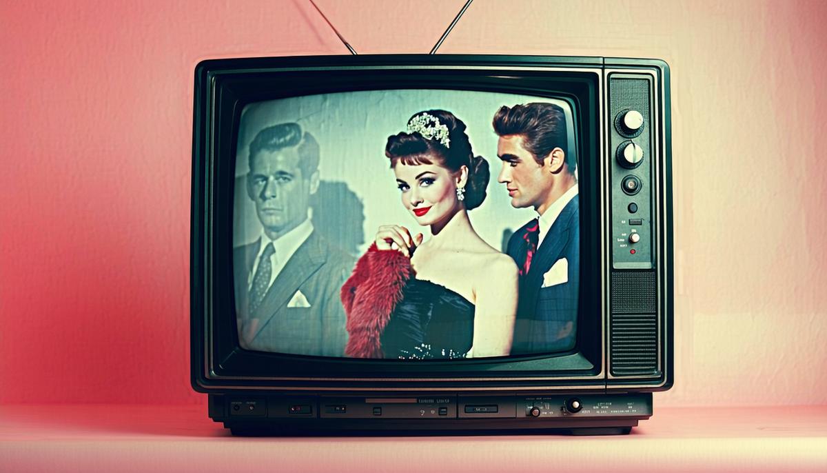 A dreamy collage of 1950s movie stars like James Dean and Audrey Hepburn on a vintage TV screen