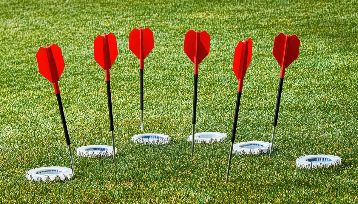 A set of vintage Lawn Darts with their metal tips prominent, arranged on a 1950s era lawn with the plastic target rings visible