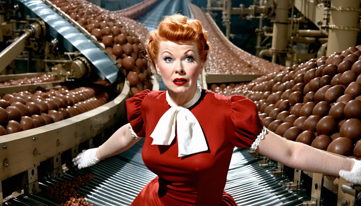Lucille Ball as Lucy Ricardo frantically trying to keep up with the chocolate factory conveyor belt